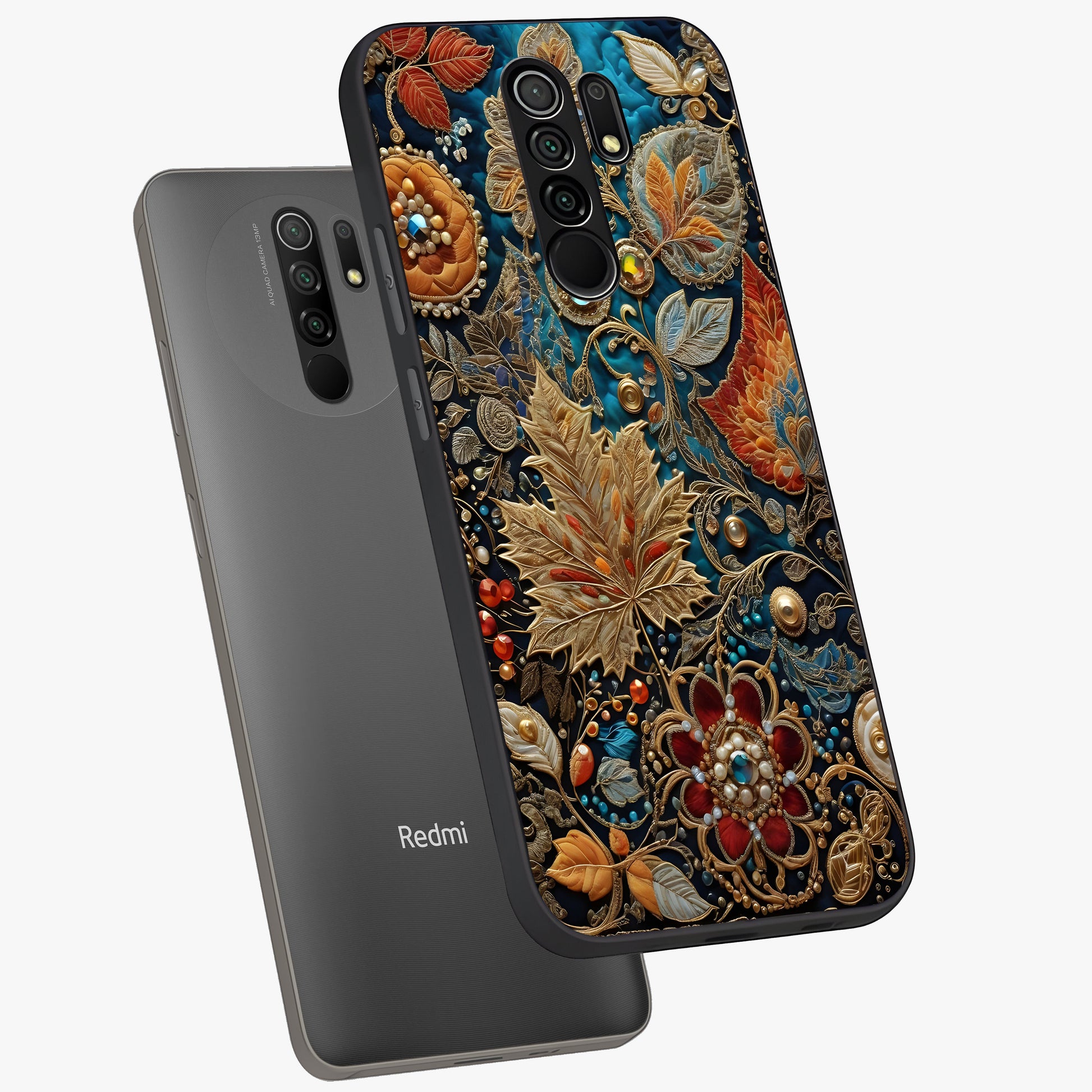 Royal Jewel Garden Glass Case displayed in angled mockup highlighting vibrant jewel inspired floral design with elegant aesthetic.