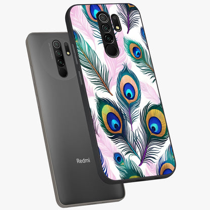 Royal Peacock Feathers Glass Case displayed in angled mockup highlighting vibrant feather pattern with regal aesthetic style.