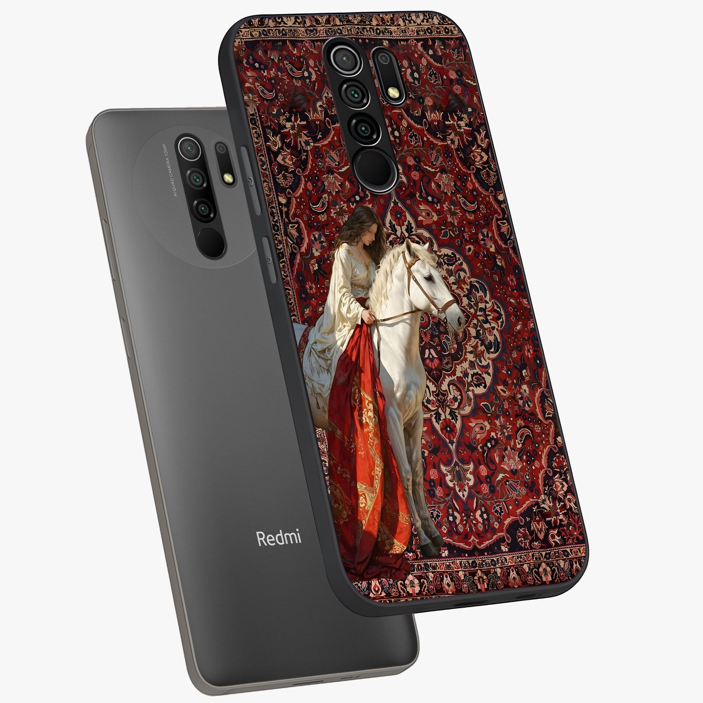 Royal Rider Tapestry Glass Case displayed in angled mockup highlighting traditional tapestry design with royal heritage aesthetic.