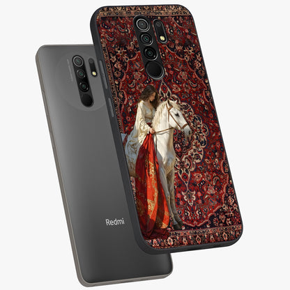 Royal Rider Tapestry Glass Case displayed in angled mockup highlighting traditional tapestry design with royal heritage aesthetic.