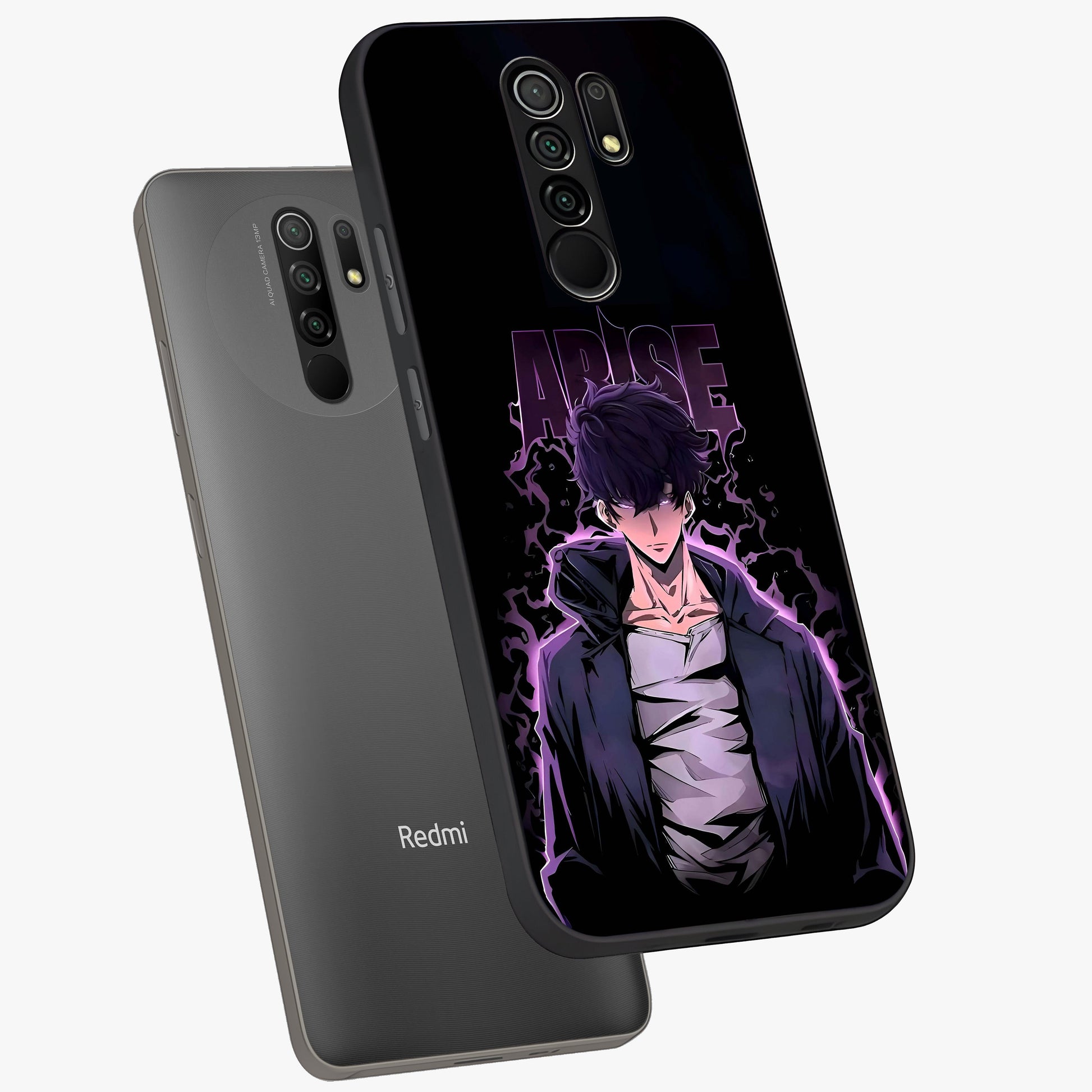 Shadow Monarch Awakening Glass Case displayed in angled mockup highlighting dramatic shadow warrior design with fantasy aesthetic.