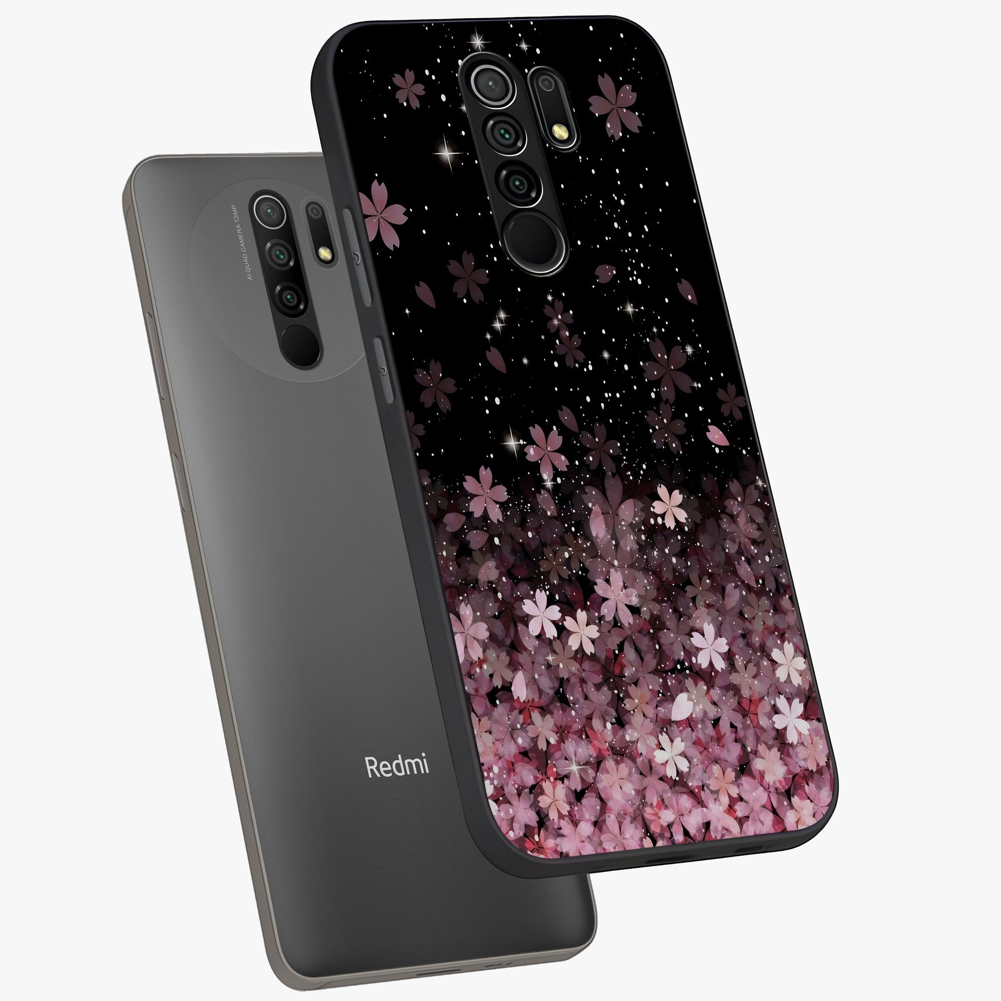 Small Starry Flowers Glass Case displayed in angled mockup highlighting tiny flower pattern with celestial aesthetic style.