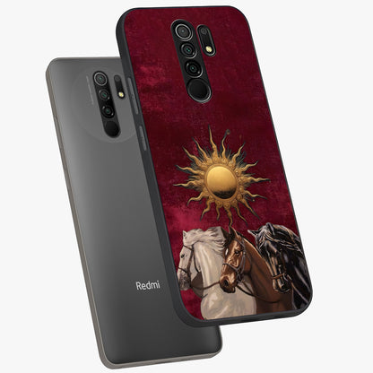 Solar Riders Glass Case displayed in angled mockup highlighting powerful rider illustration with radiant solar aesthetic.
