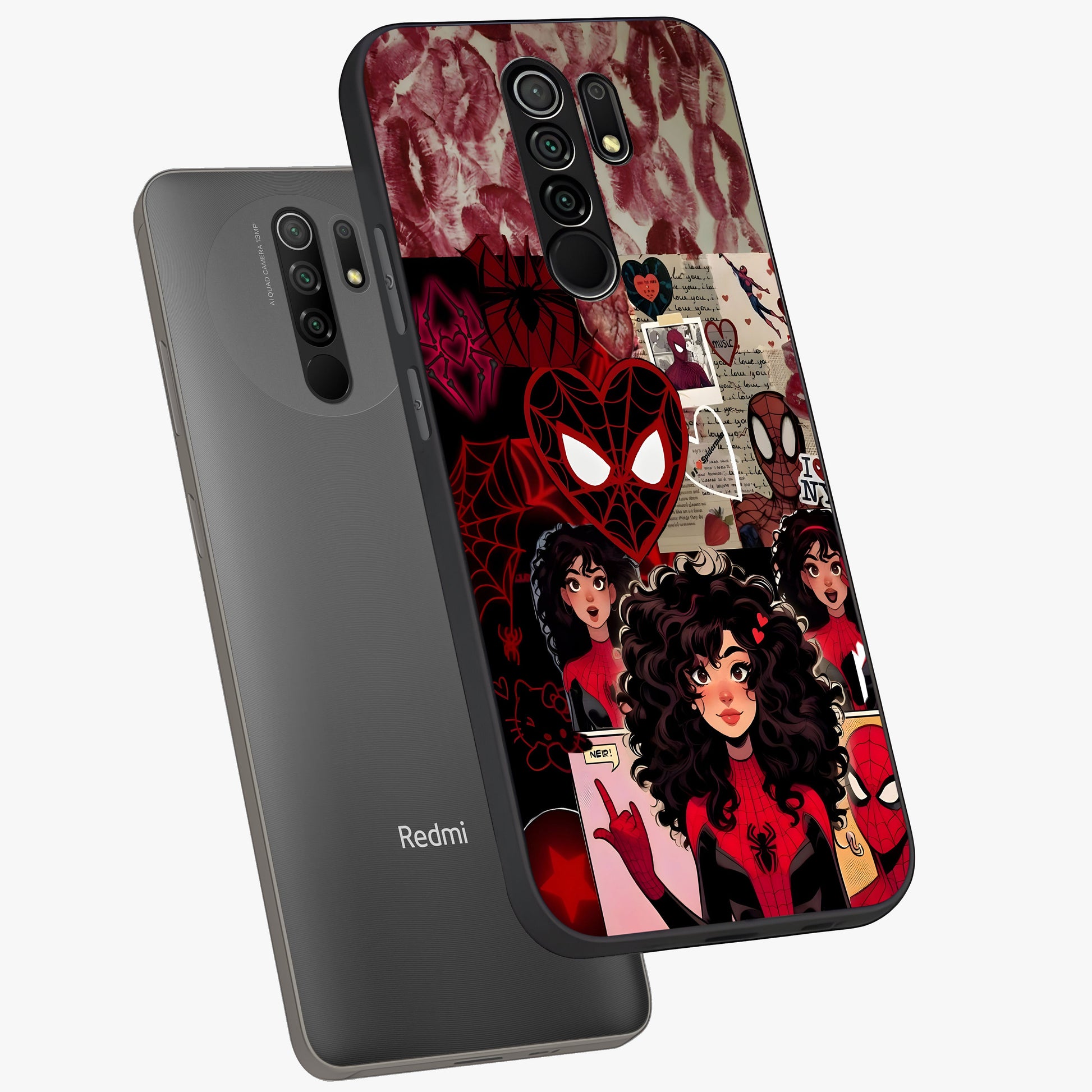 Spider Love Story Glass Case displayed in angled mockup highlighting expressive comic inspired design with playful aesthetic.
