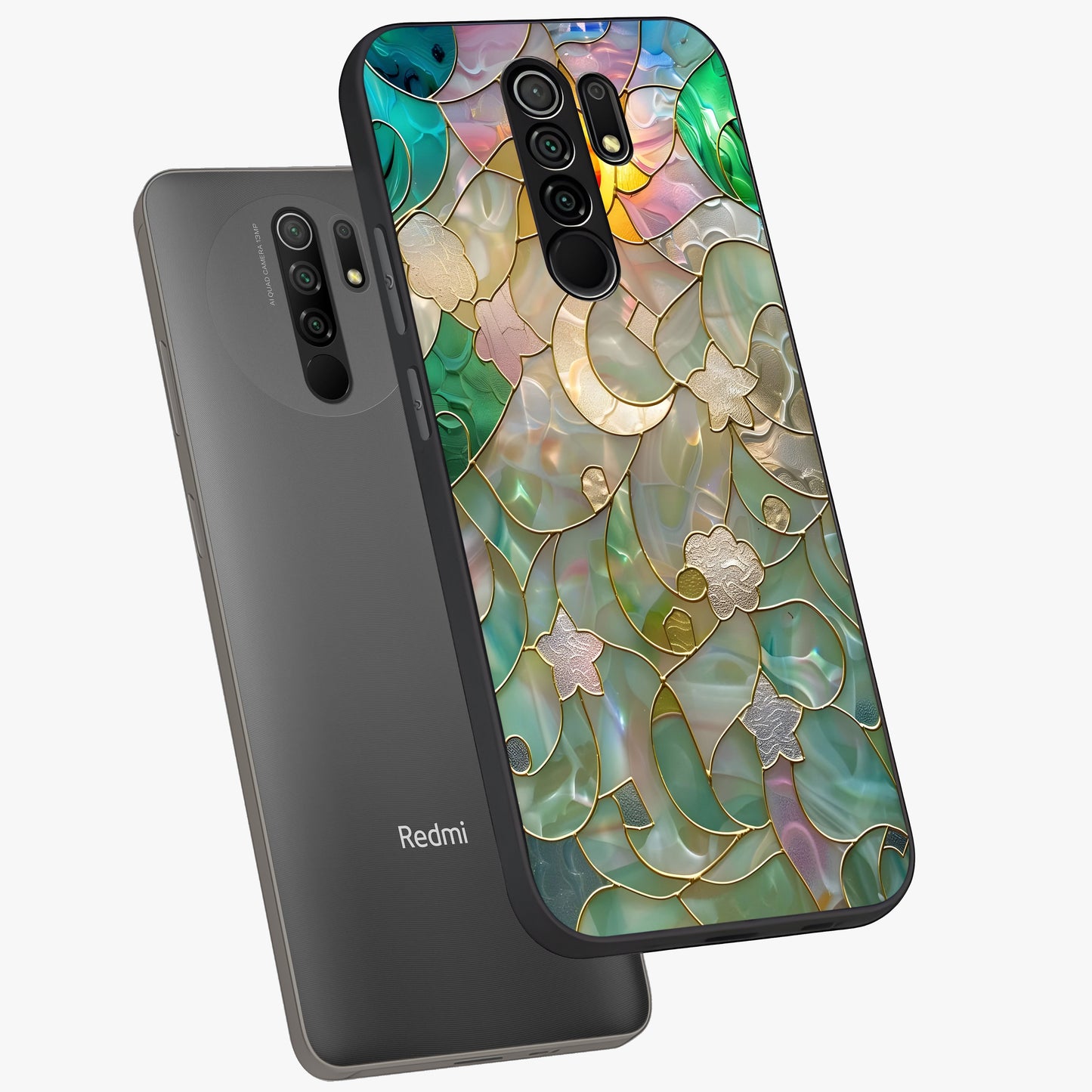 Stained Sunrise Glow Glass Case displayed in angled mockup highlighting radiant sunrise design with artistic aesthetic style.