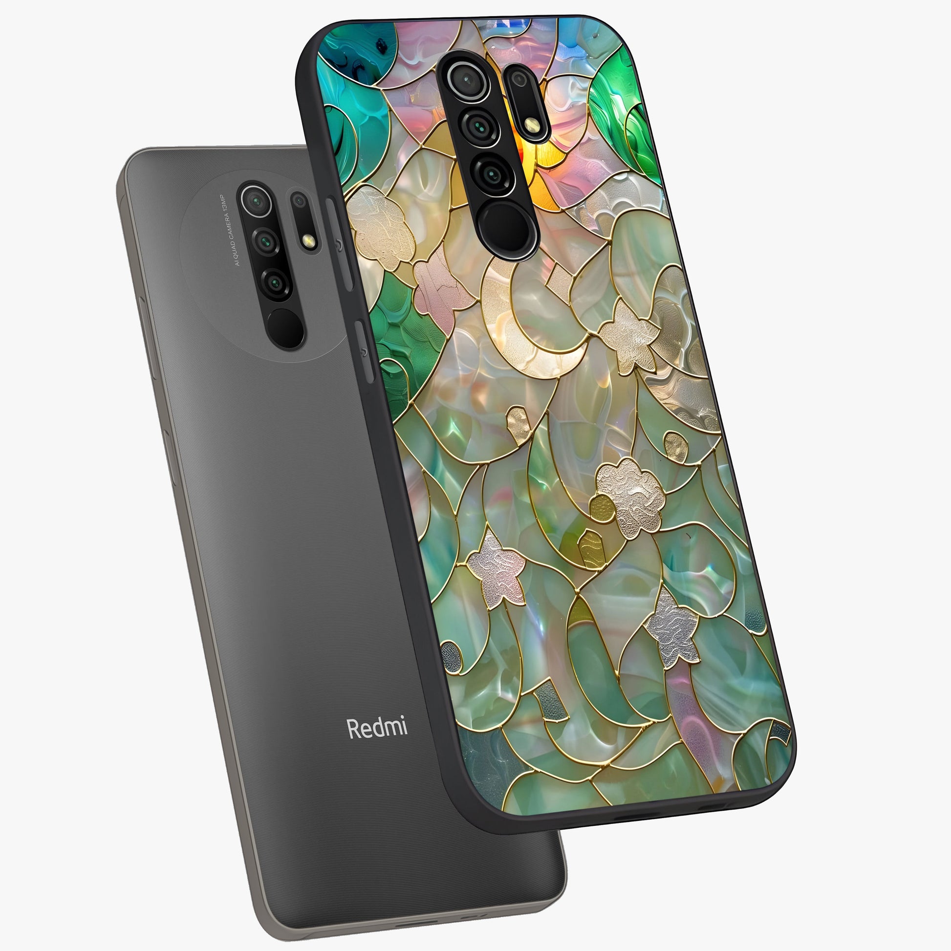 Stained Sunrise Glow Glass Case displayed in angled mockup highlighting radiant sunrise design with artistic aesthetic style.