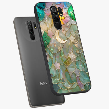 Stained Sunrise Glow Glass Case displayed in angled mockup highlighting radiant sunrise design with artistic aesthetic style.