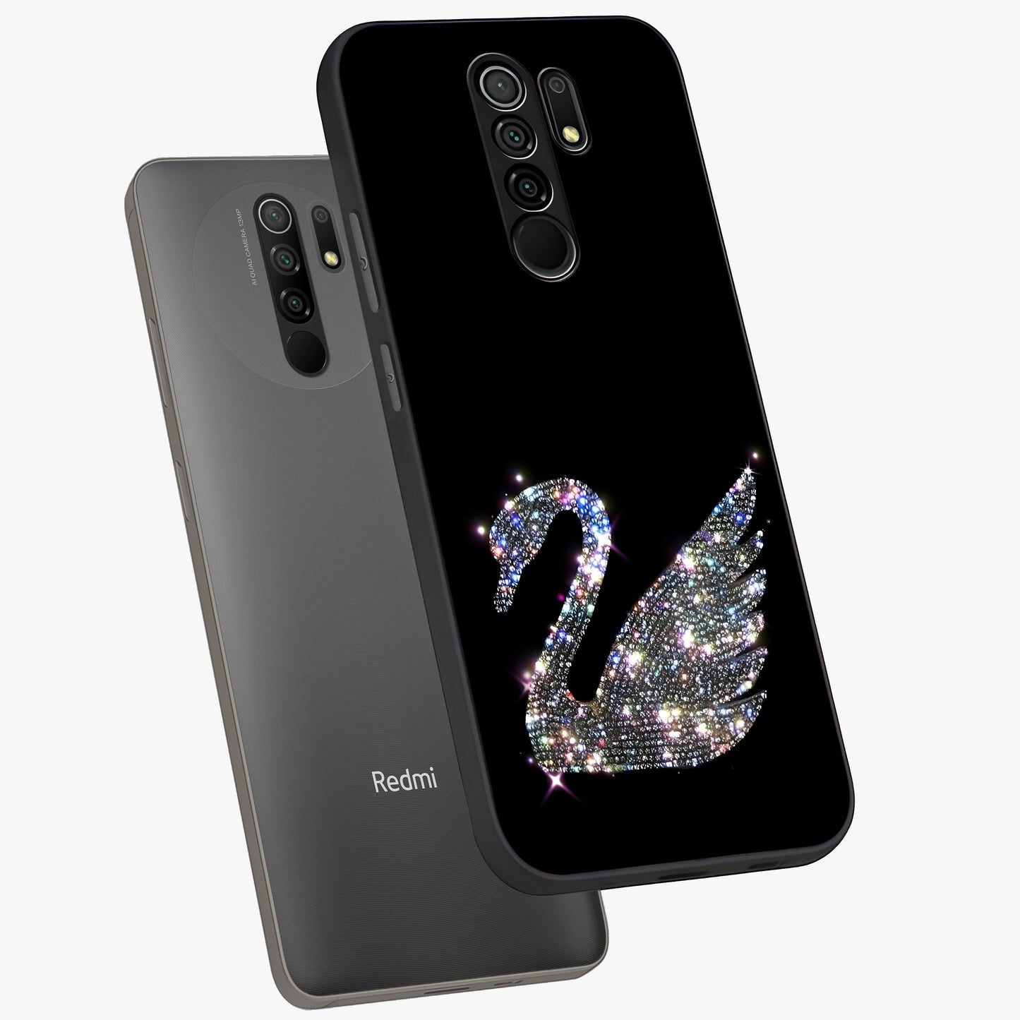 Starlit Swan Grace Glass Case displayed in angled mockup highlighting elegant swan illustration with dreamy celestial aesthetic.