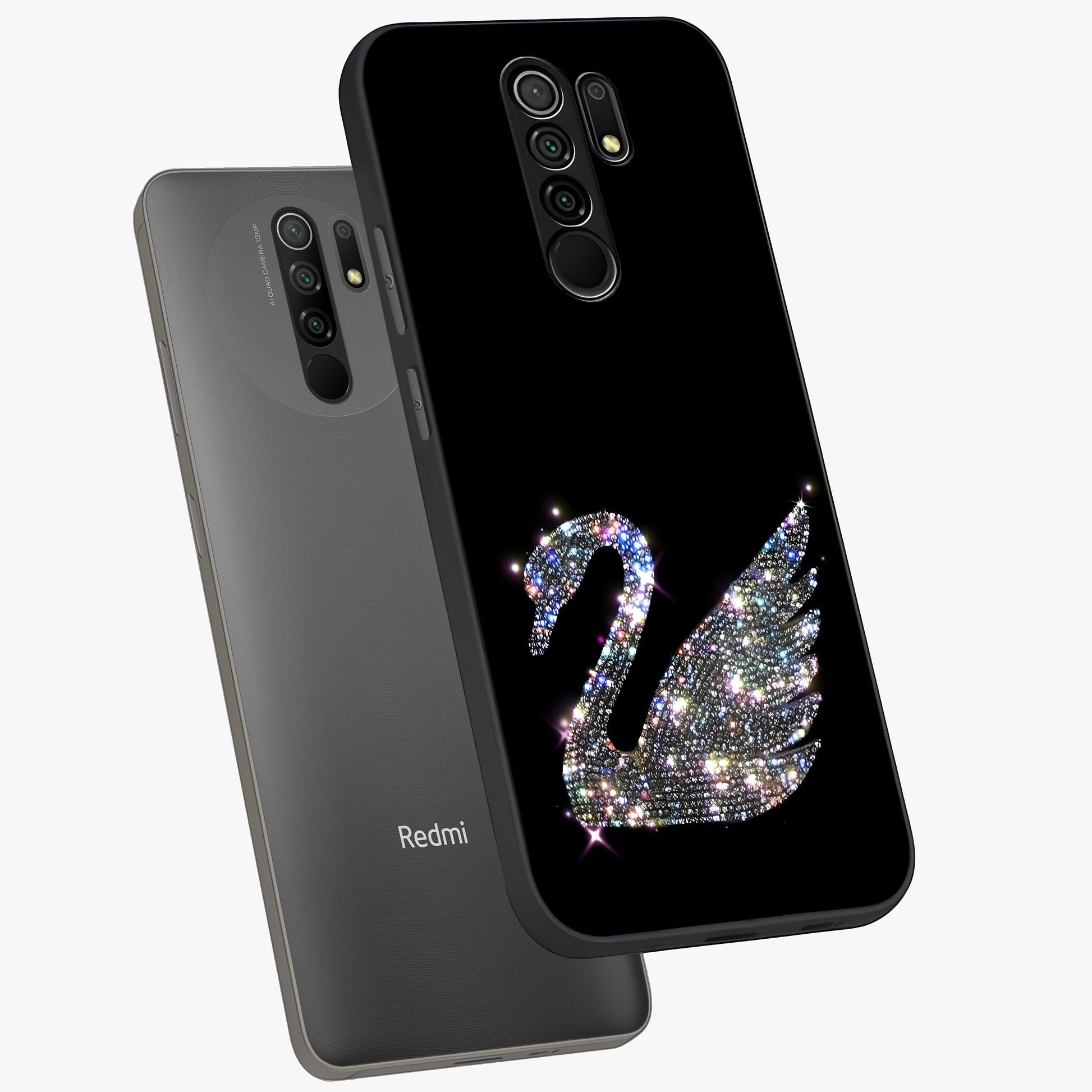 Starlit Swan Grace Glass Case displayed in angled mockup highlighting elegant swan illustration with dreamy celestial aesthetic.