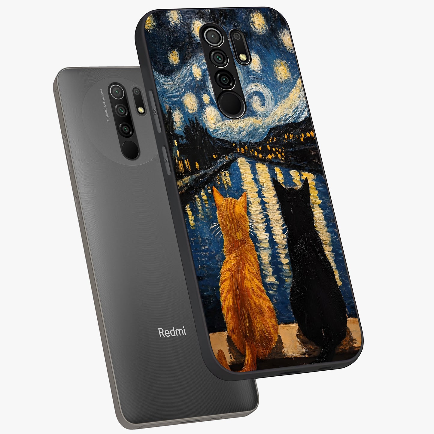 Starry River Cats Glass Case displayed in angled mockup highlighting charming feline illustration with dreamy night aesthetic.