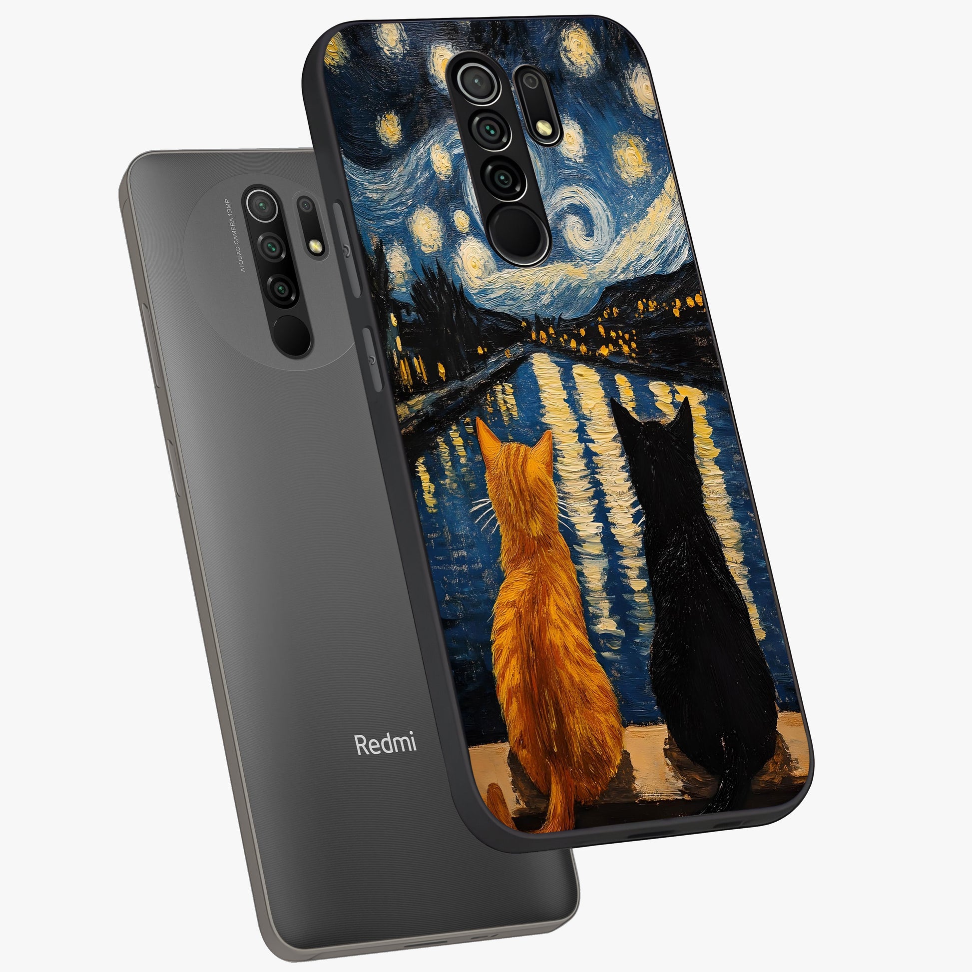 Starry River Cats Glass Case displayed in angled mockup highlighting charming feline illustration with dreamy night aesthetic.