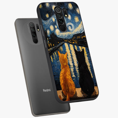 Starry River Cats Glass Case displayed in angled mockup highlighting charming feline illustration with dreamy night aesthetic.