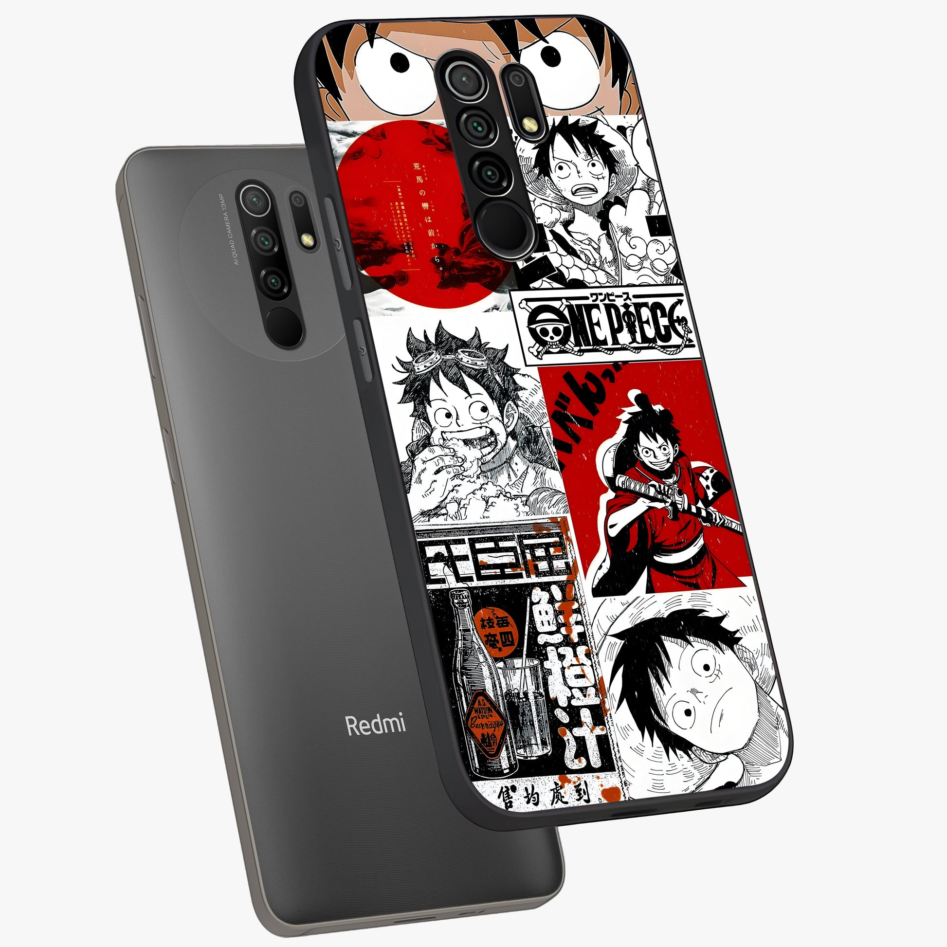 Strawhat Chaos Panels Glass Case displayed in angled mockup highlighting vibrant anime collage design with action aesthetic.