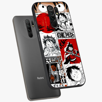 Strawhat Chaos Panels Glass Case displayed in angled mockup highlighting vibrant anime collage design with action aesthetic.