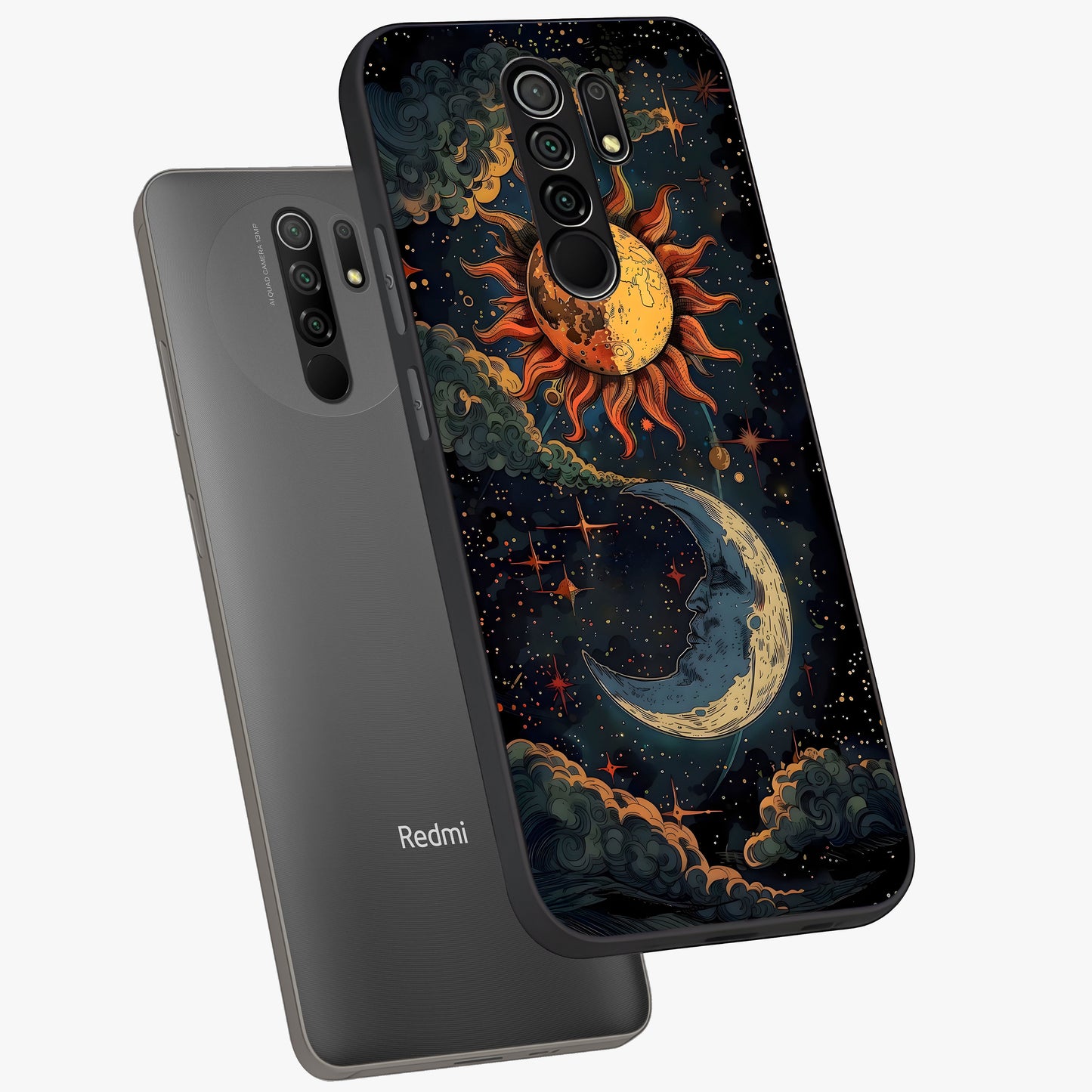 Sun And Moon Magic Design Glass Case displayed in angled mockup highlighting celestial design with magical cosmic aesthetic.