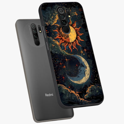 Sun And Moon Magic Design Glass Case displayed in angled mockup highlighting celestial design with magical cosmic aesthetic.