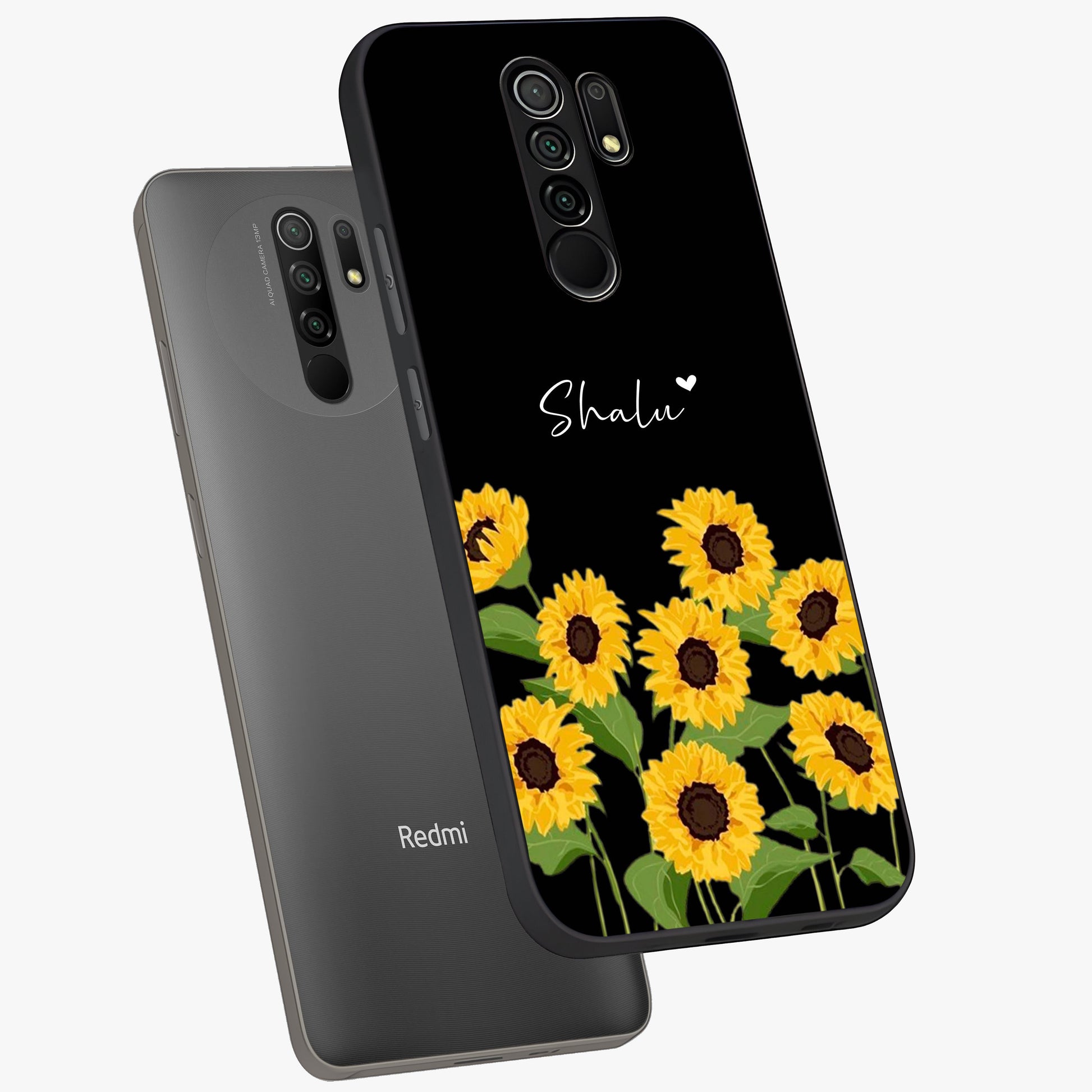 Sunflower Chic Mood Custom Name Glass Case displayed in angled mockup highlighting vibrant sunflower design with custom name feature.