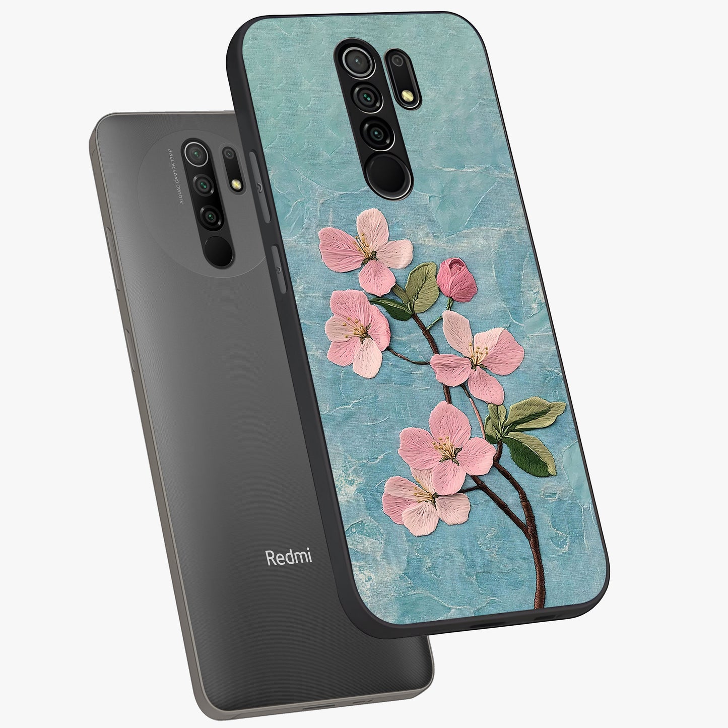Threaded Blossom Breeze Glass Case displayed in angled mockup highlighting elegant floral design with soft aesthetic style.
