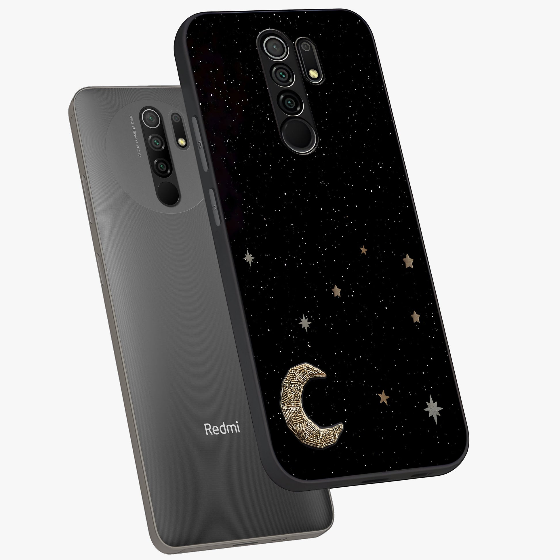 Twinkle Star With Half Moon Glass Case displayed in angled mockup highlighting celestial moon and star design with magical aesthetic.