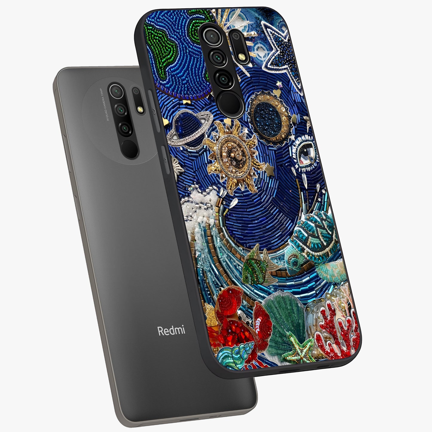 Universe Underwater Spark Glass Case displayed in angled mockup highlighting glowing aquatic design with celestial aesthetic.