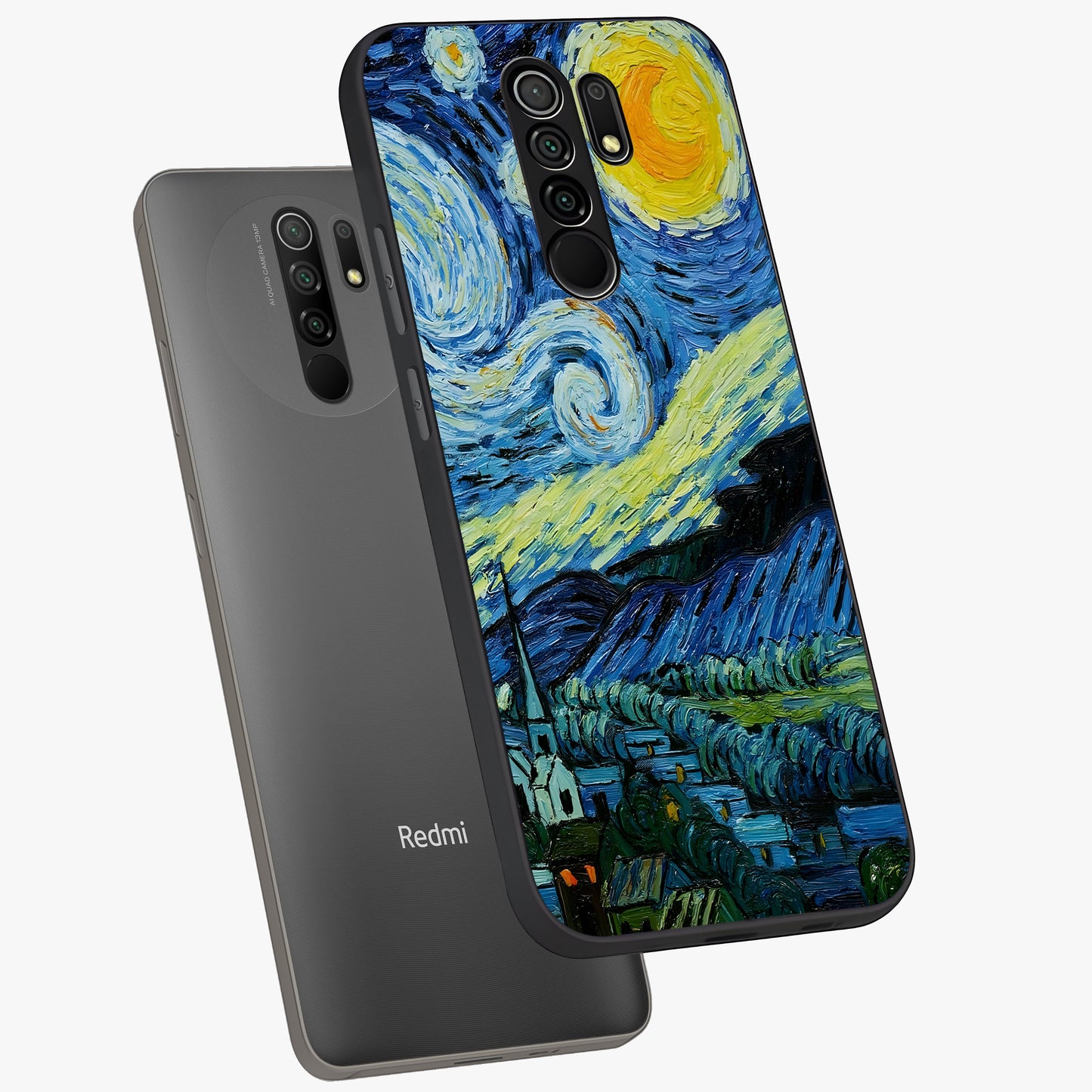 Van Gogh Art Glass Case displayed in angled mockup highlighting swirling brushstroke design with artistic aesthetic.