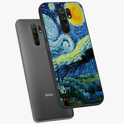 Van Gogh Art Glass Case displayed in angled mockup highlighting swirling brushstroke design with artistic aesthetic.