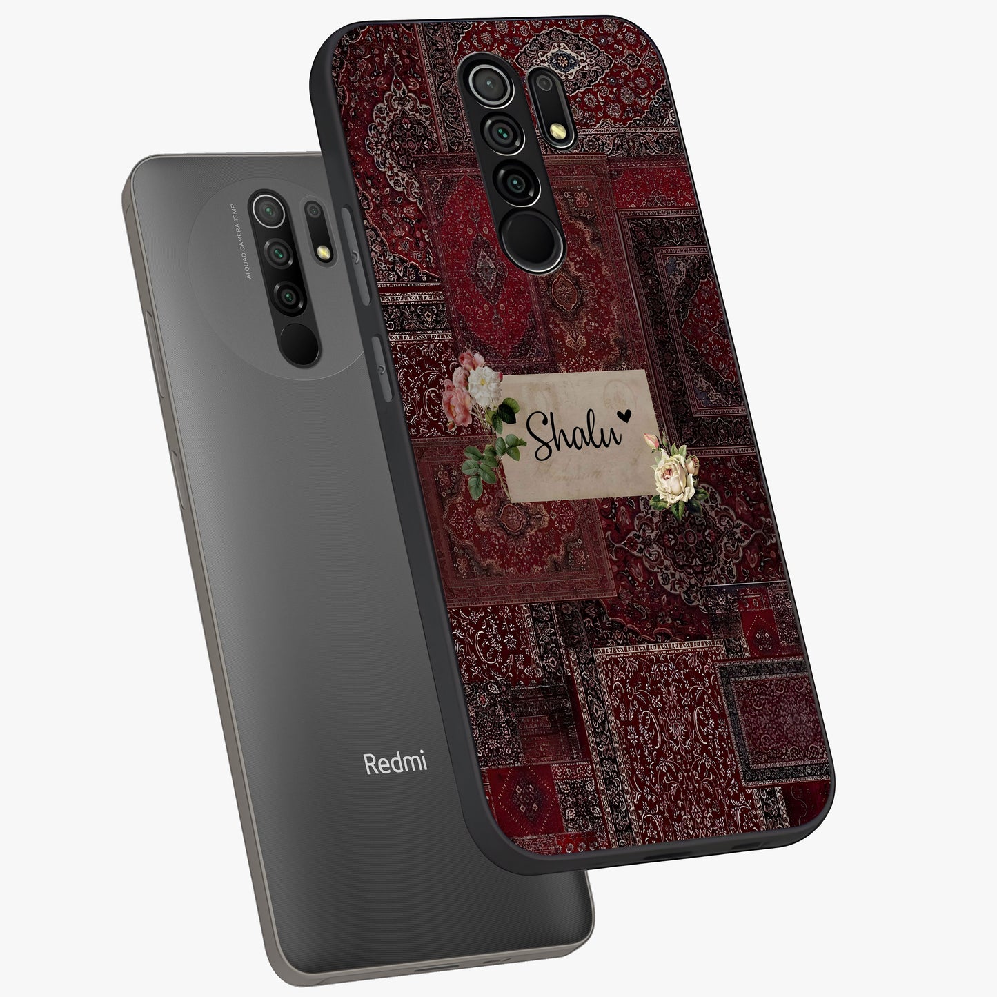 Velvet Wine Pattern Custom Name Glass Case displayed in angled mockup highlighting decorative velvet inspired design with custom name feature.