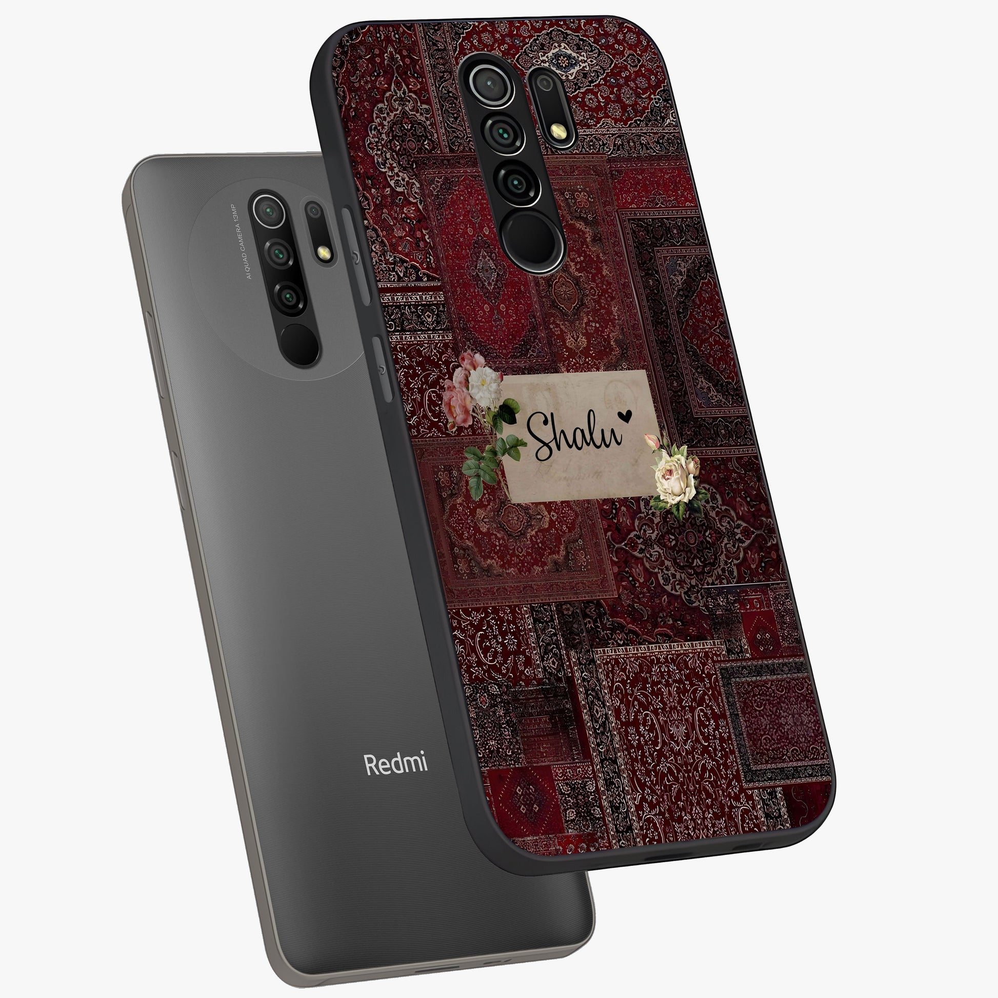 Velvet Wine Pattern Custom Name Glass Case displayed in angled mockup highlighting decorative velvet inspired design with custom name feature.