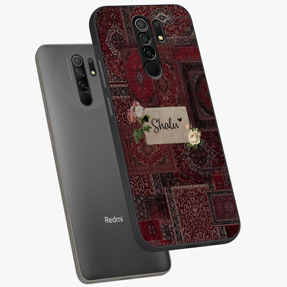 Velvet Wine Pattern Custom Name Glass Case displayed in angled mockup highlighting decorative velvet inspired design with custom name feature.