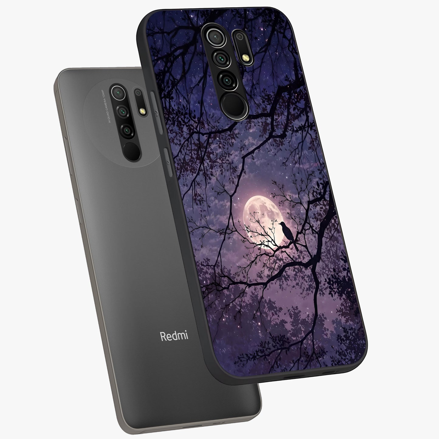 Whispering Moon Silence Glass Case displayed in angled mockup highlighting calm lunar design with dreamy night aesthetic.