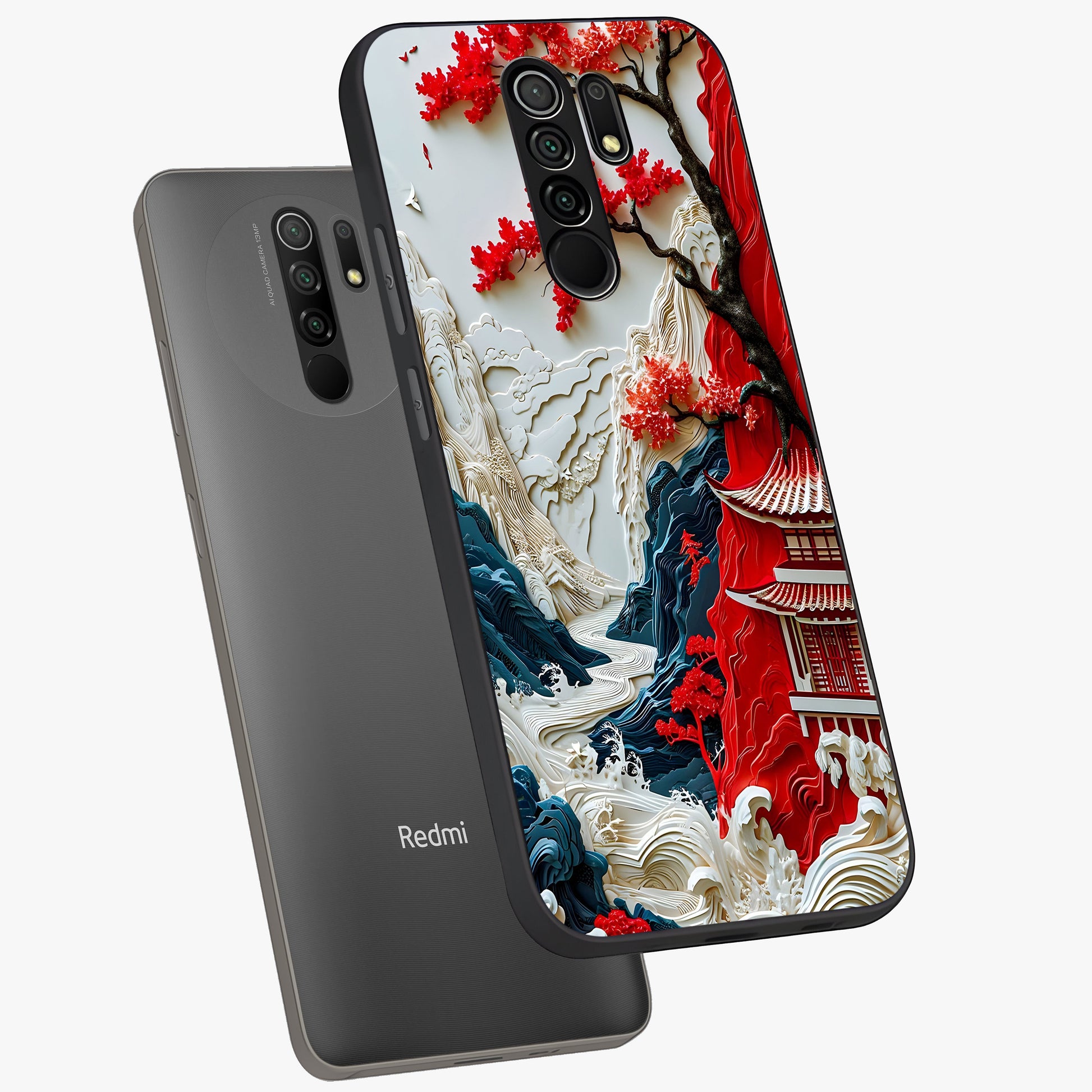 Whispers Of Sakura Waves Glass Case displayed in angled mockup highlighting flowing sakura design with soft floral aesthetic.