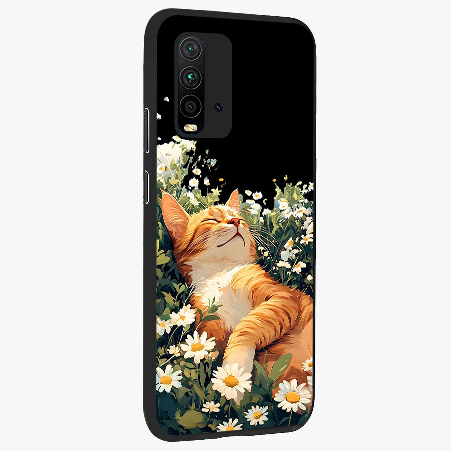 Blissful Bloom Cat Glass Case upright view showcasing charming cat design surrounded by blooming floral elements.
