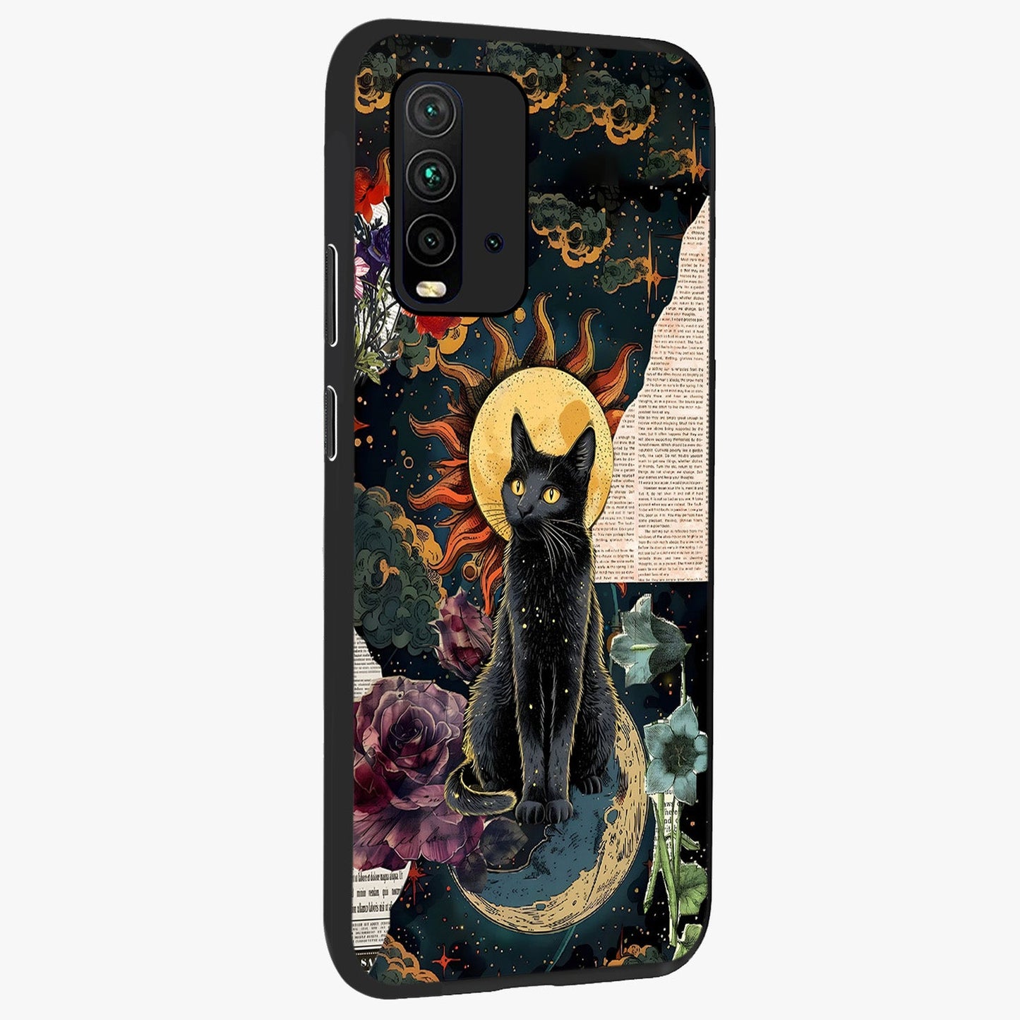 Celestial Black Cat Glass Case upright view showcasing magical black cat illustration with starry cosmic theme.