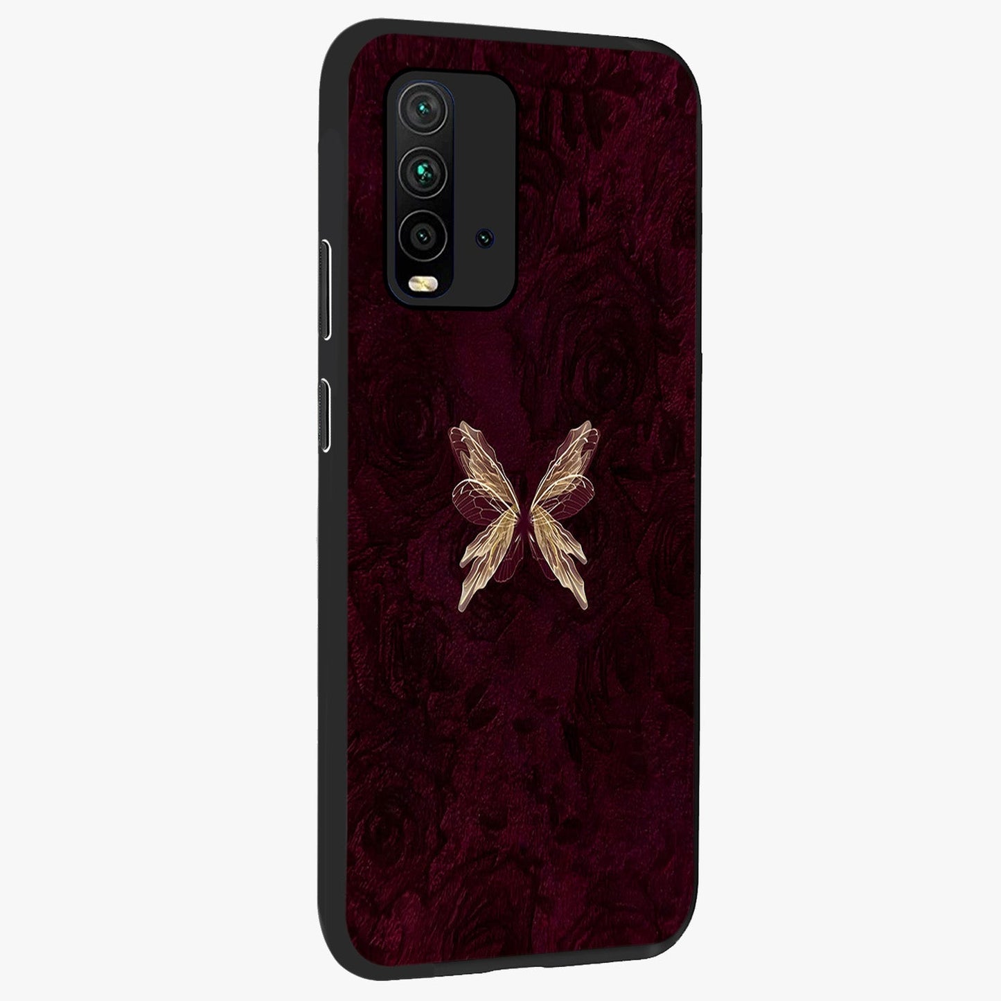 Crimson Fade Butterfly Glass Case upright view showcasing graceful butterfly artwork with soft crimson fade effect.