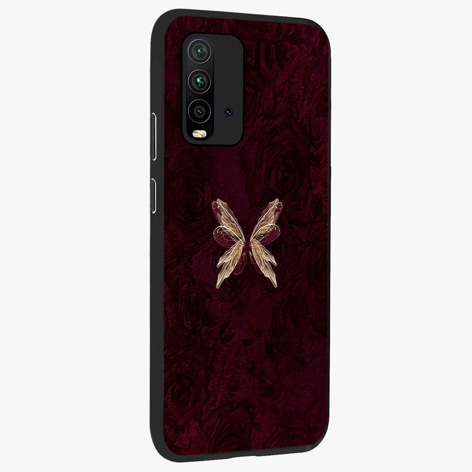 Crimson Fade Butterfly Glass Case upright view showcasing graceful butterfly artwork with soft crimson fade effect.