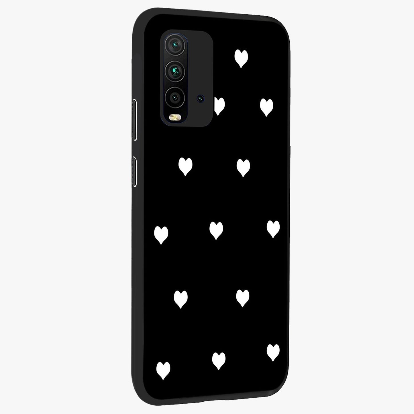 Cute And Simple White Hearts Glass Case upright view showcasing simple white hearts artwork with soft minimal theme.