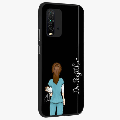 Doctor Pattern Custom Name Glass Case upright view showcasing healthcare themed design with personalized aesthetic.