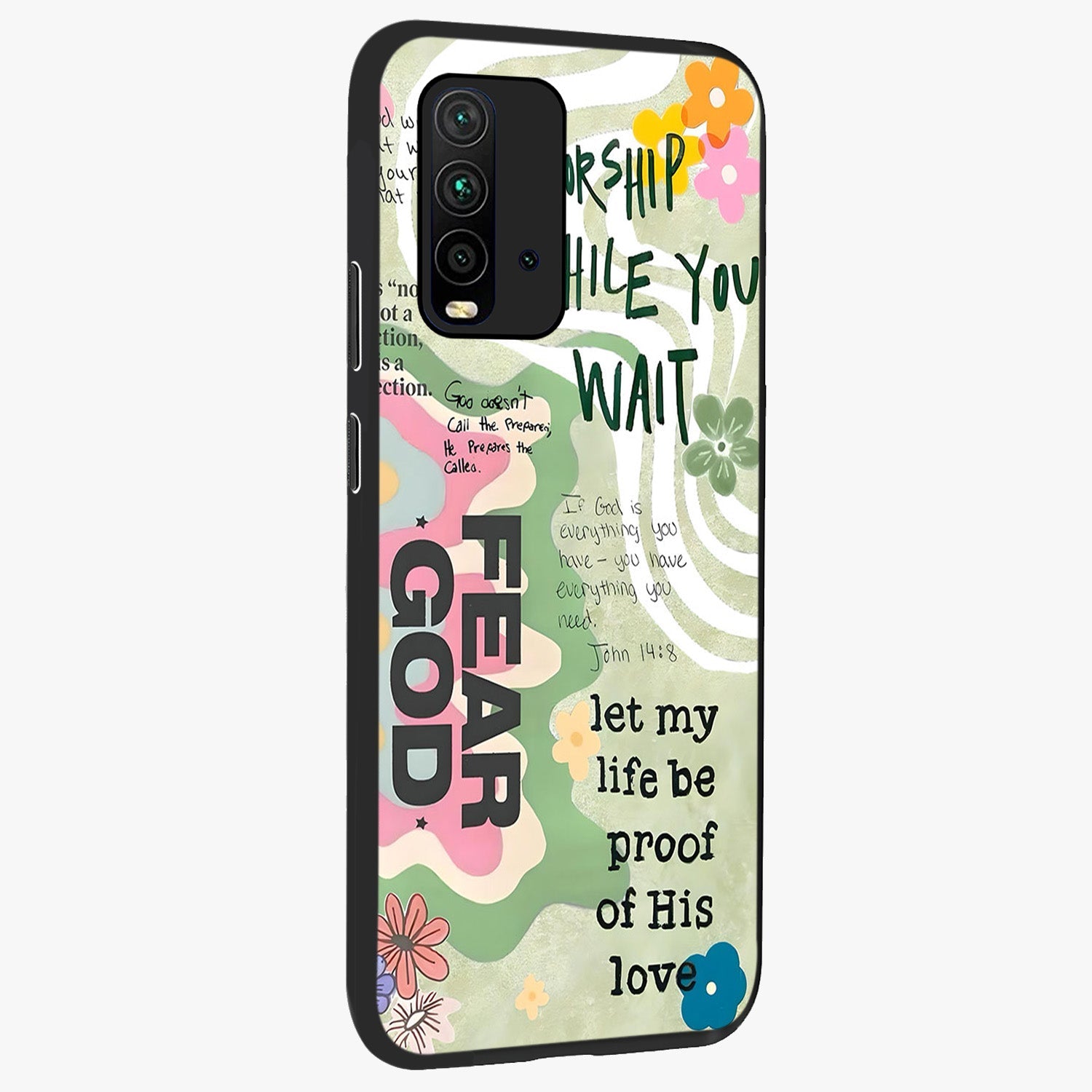 Faith Over Fear Glass Case upright view showcasing bold typography artwork with uplifting motivational theme.