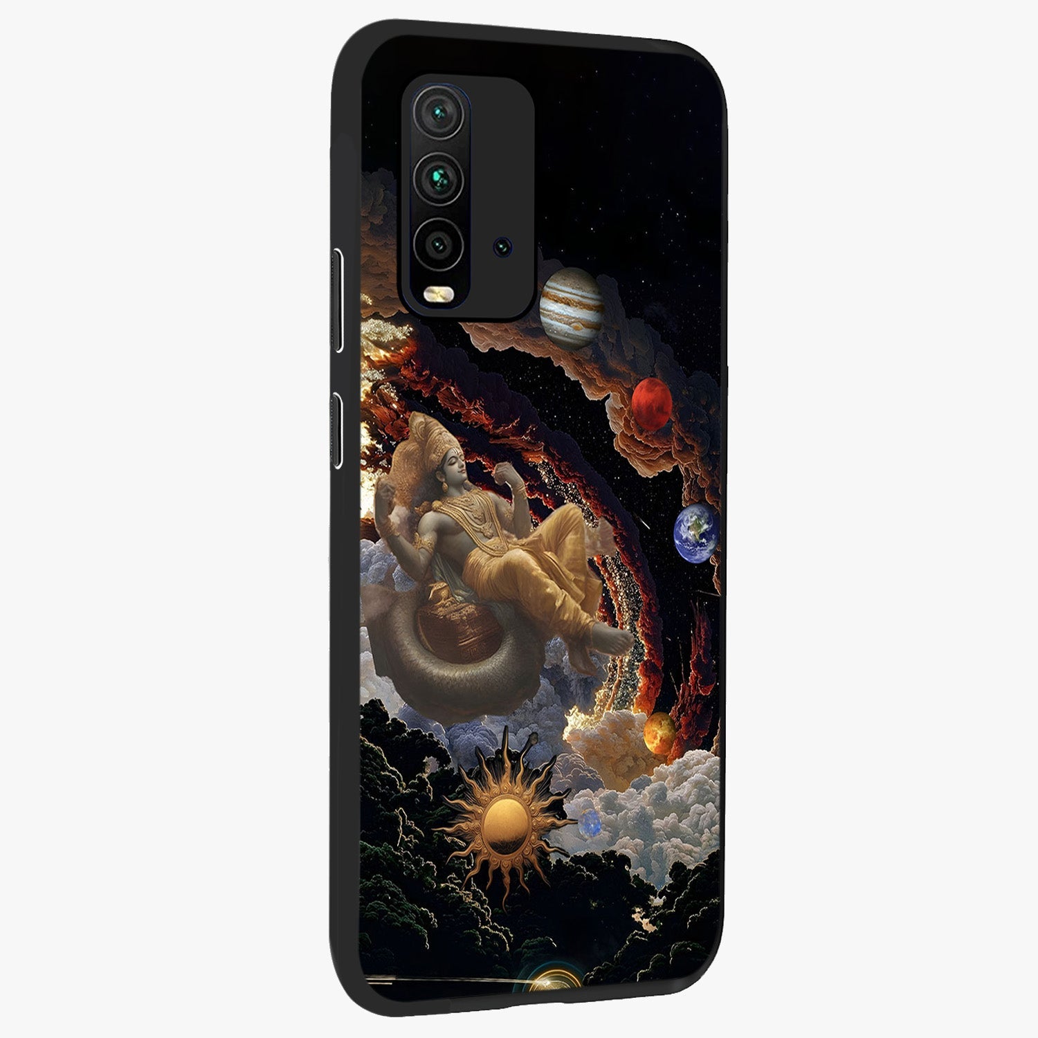 Galactic Divine God Glass Case upright view showcasing mystical divine artwork with dramatic cosmic theme.