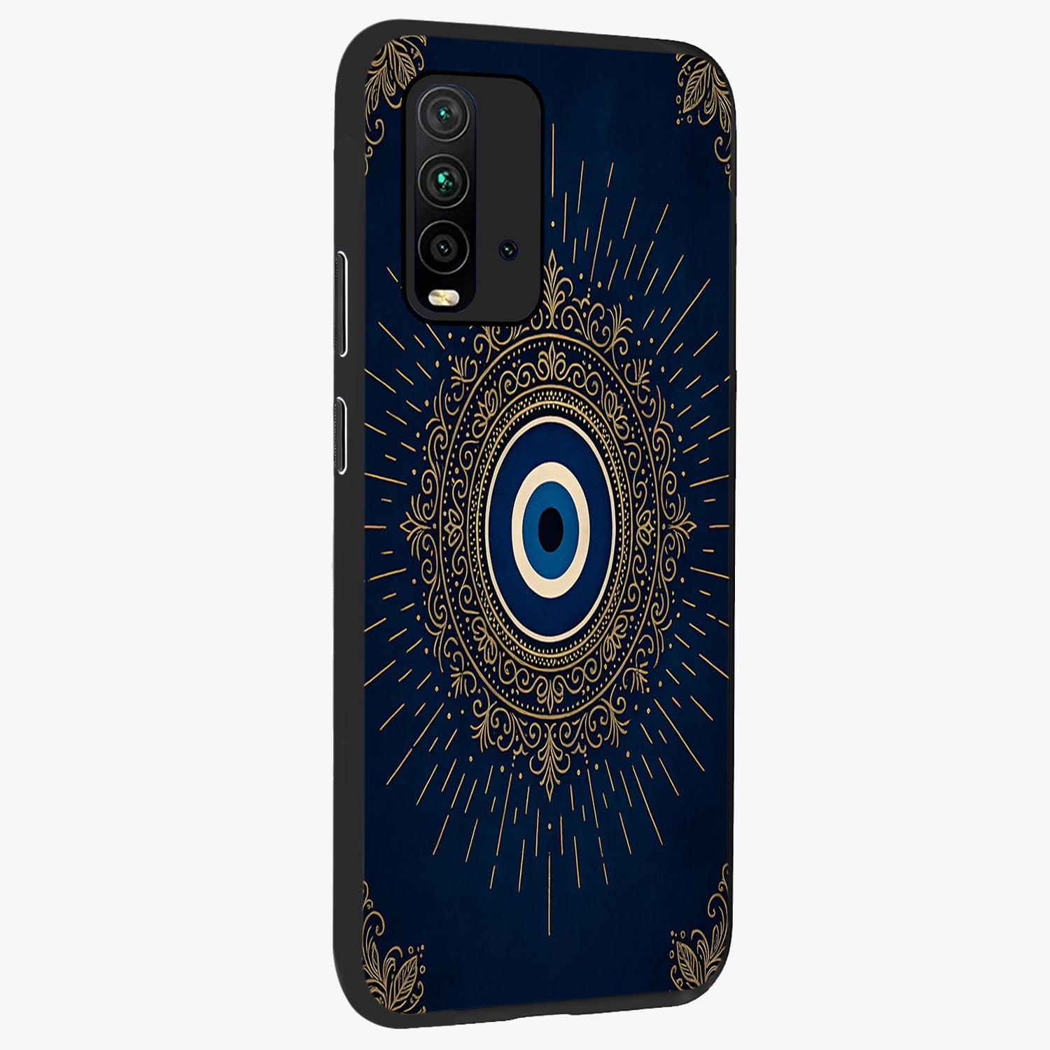 Golden Celestial Charm Glass Case upright view showcasing radiant celestial artwork with elegant golden theme.