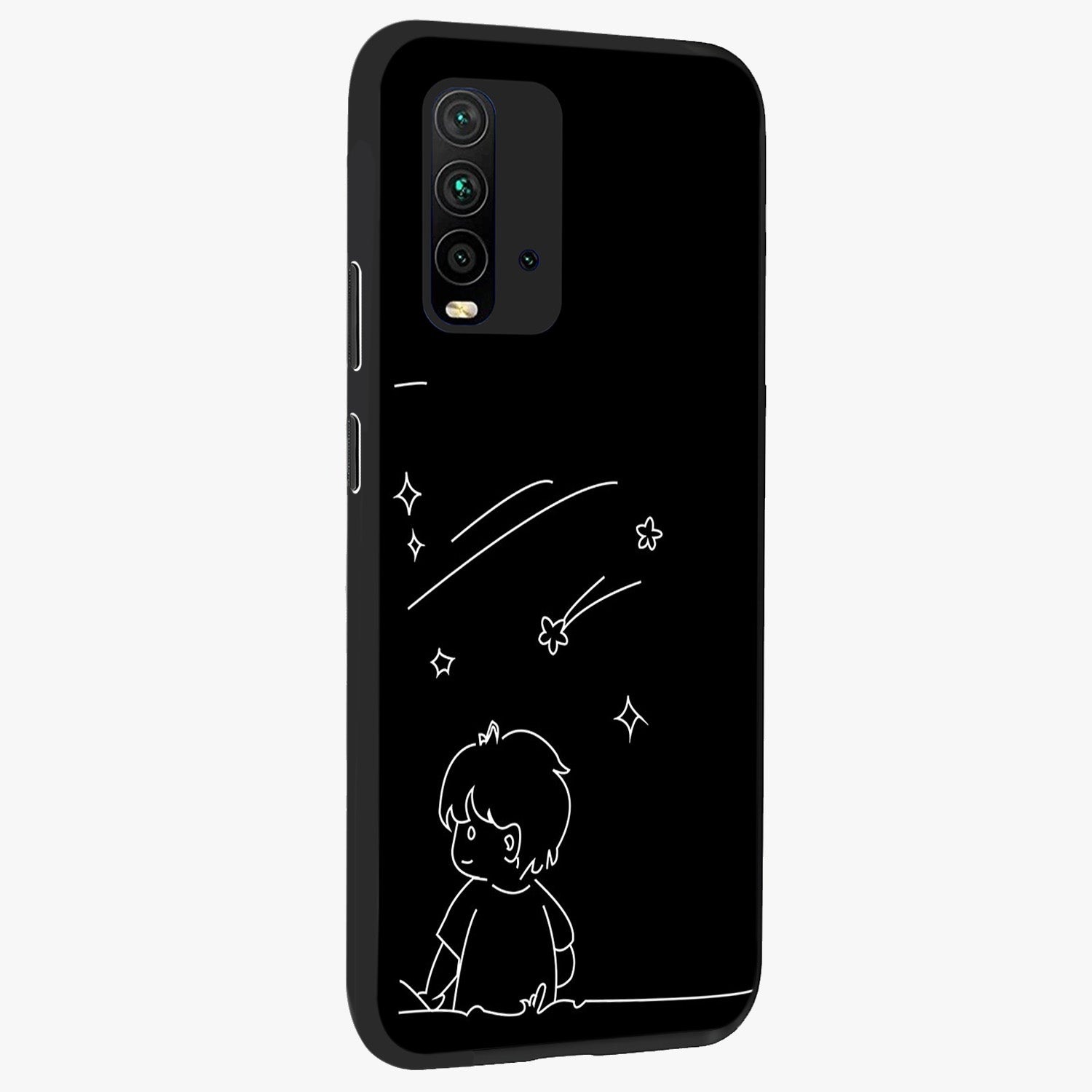 Line Art Boy With Shooting Stars Glass Case upright view showcasing artistic shooting star illustration with minimal style.