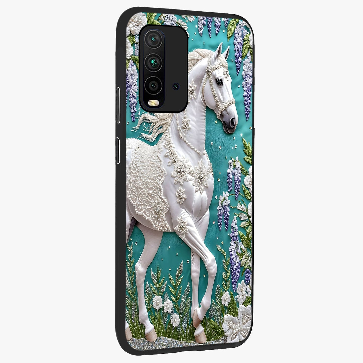 Majestic Floral Stallion Glass Case upright view showcasing dramatic horse artwork with decorative floral theme.