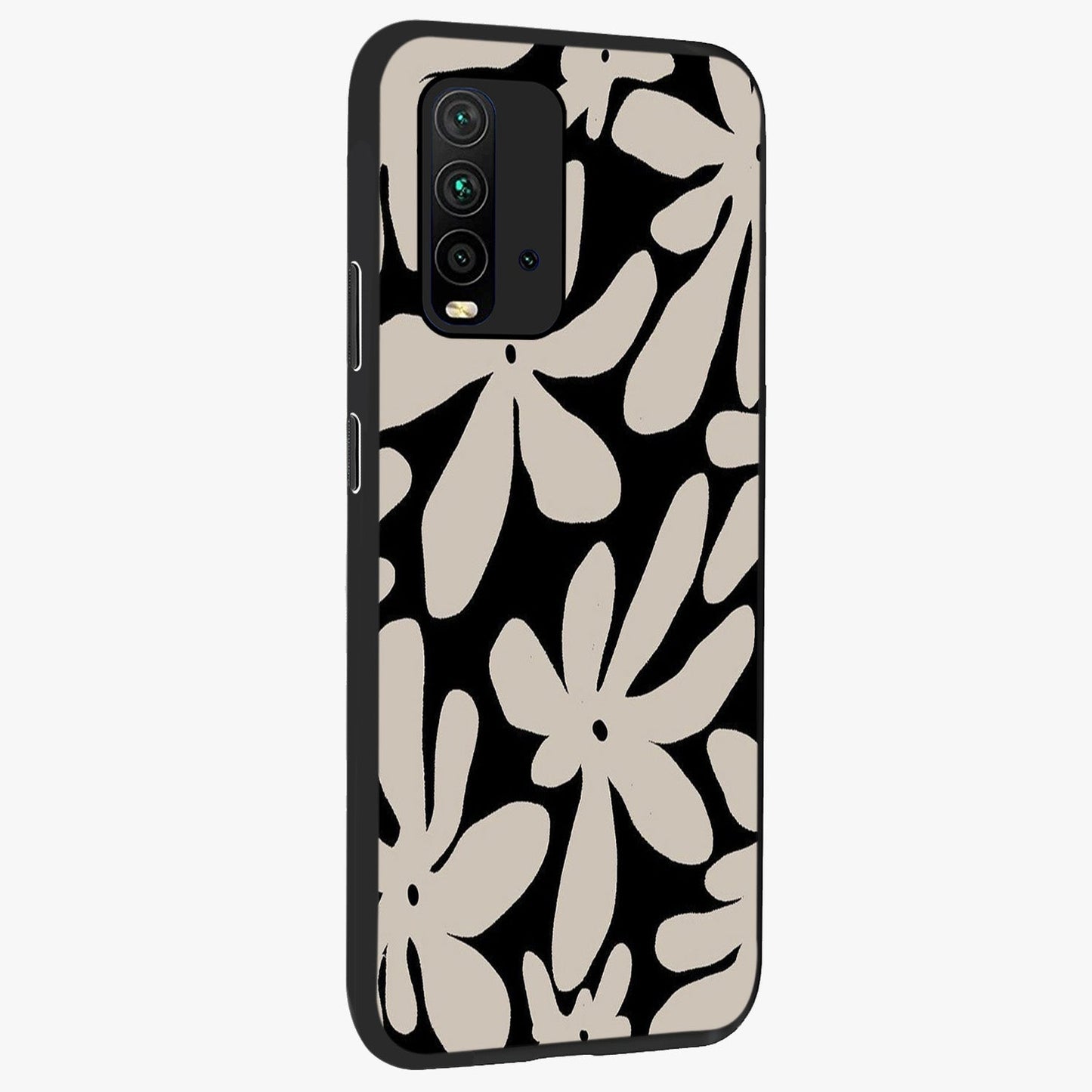 Monochrome Petal Dance Glass Case upright view showcasing artistic floral pattern with stylish monochrome theme.