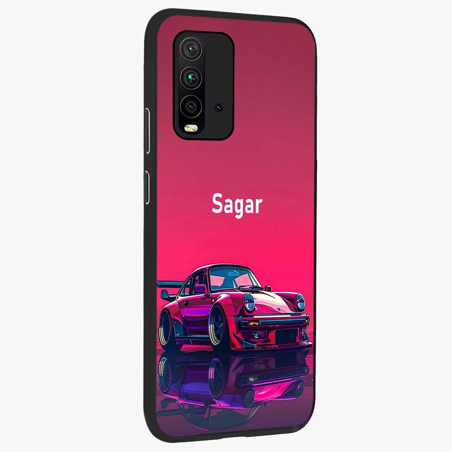 Neon Pink Porsche Glass Case upright view showcasing vibrant sports car artwork with bold automotive theme.