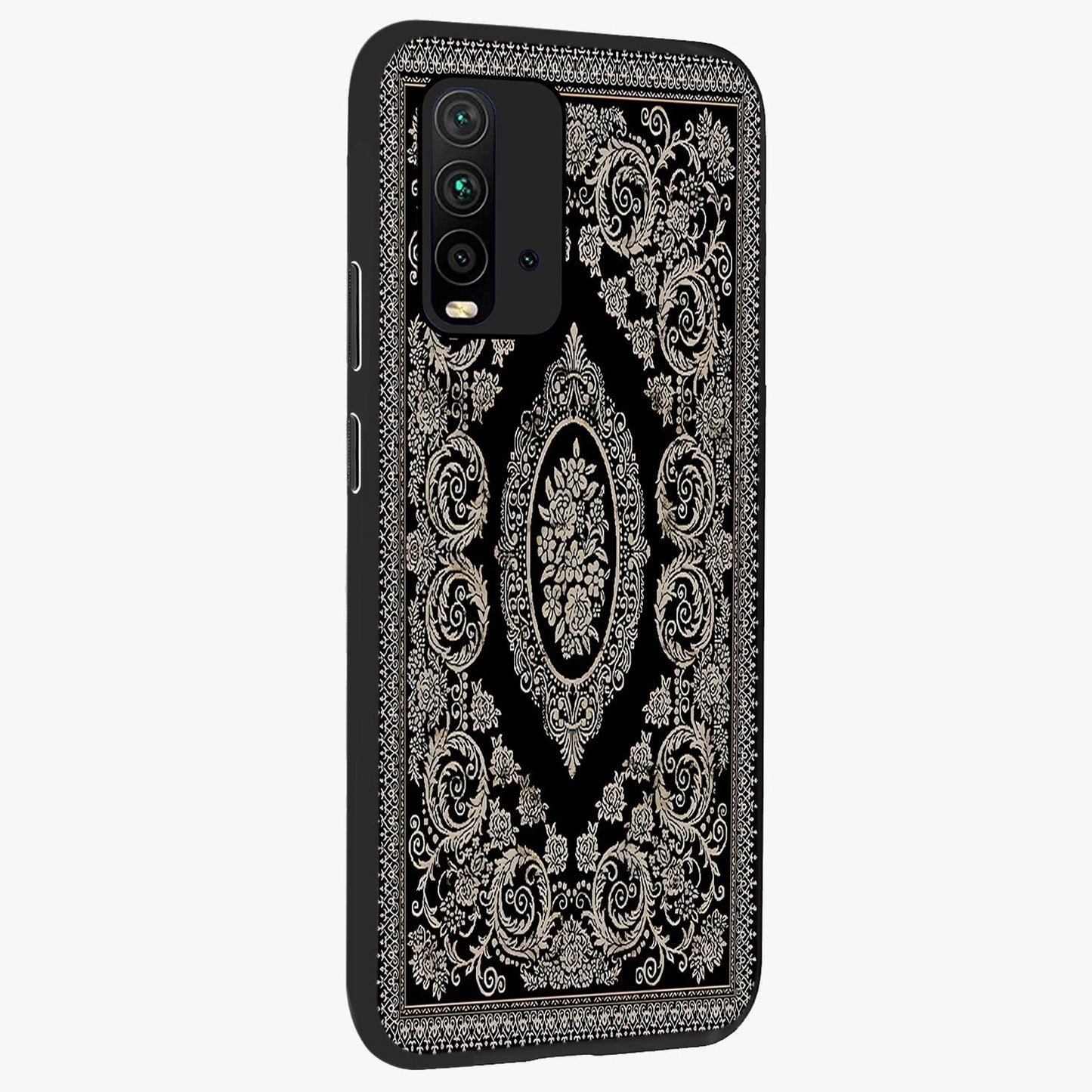 Noir Bloom Elegance Glass Case upright view showcasing graceful floral artwork with luxurious dark theme.
