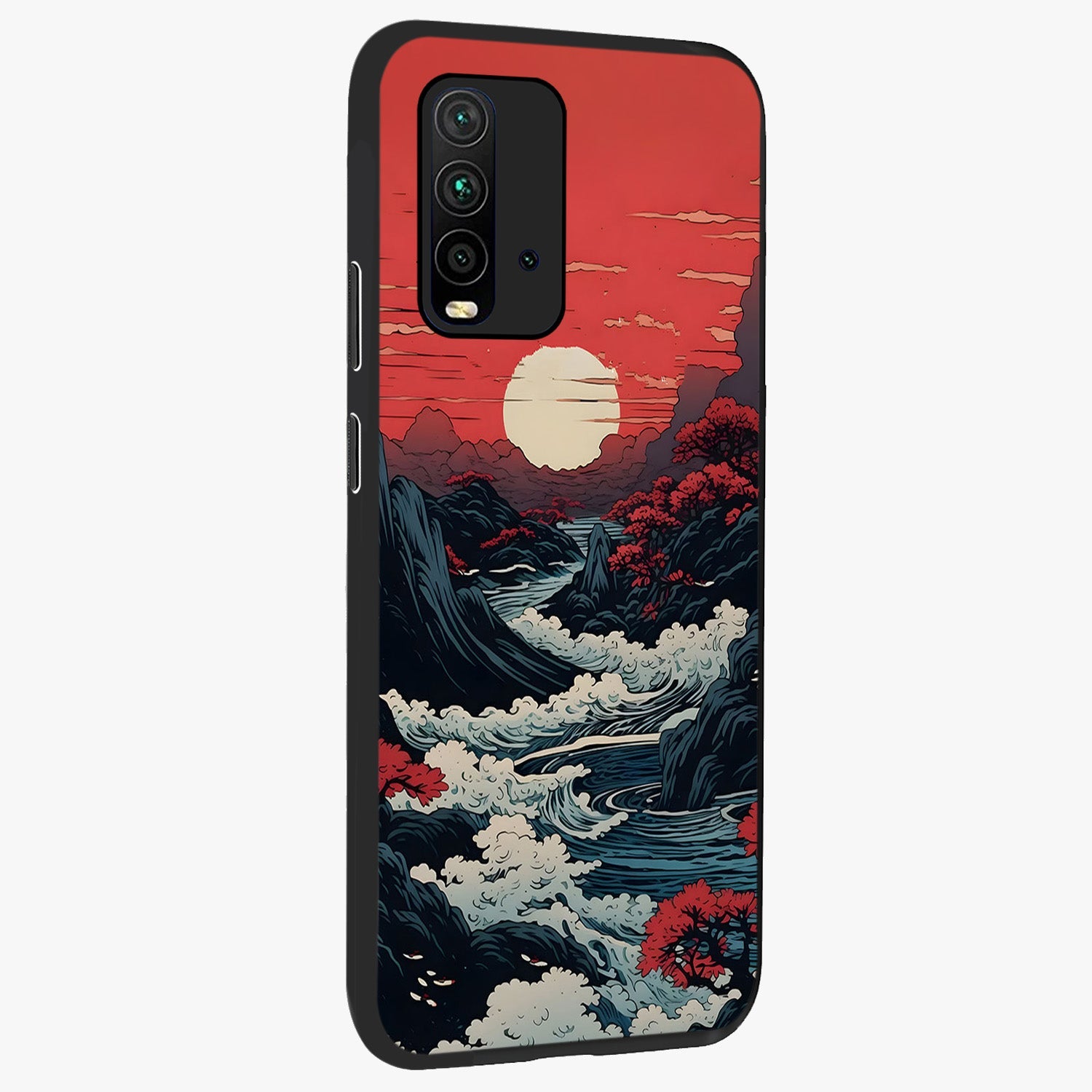 Red Sunset Scenery Glass Case upright view showcasing dramatic sunset scenery artwork with warm nature theme.