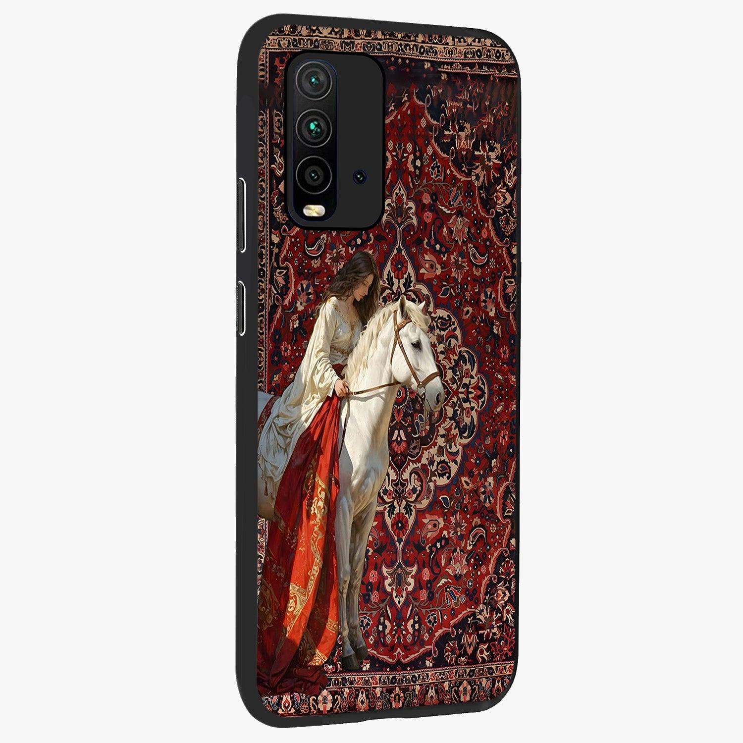 Royal Rider Tapestry Glass Case upright view showcasing detailed rider artwork with classic tapestry theme.