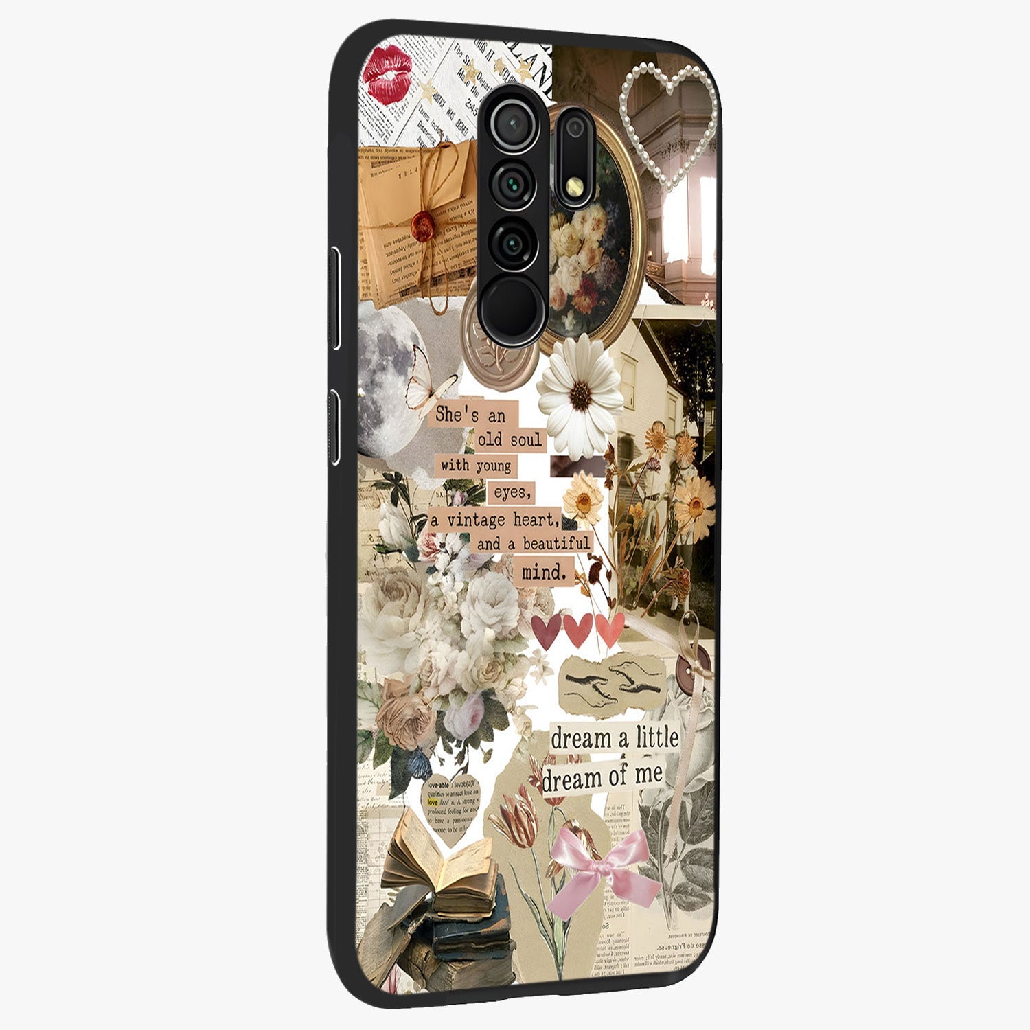 Aesthetic Brown Vintage Collage Glass Case upright view showcasing nostalgic retro artwork with stylish vintage theme.