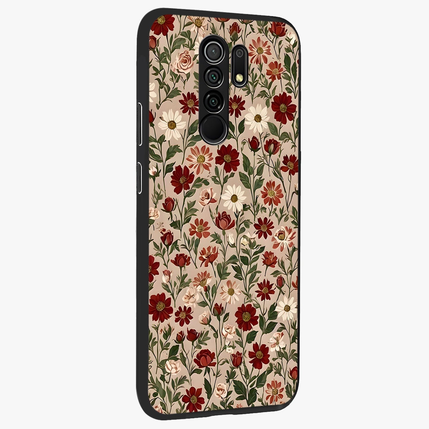Biege Flower With Leaf Glass Case upright view showcasing delicate beige flower illustration with clean botanical style.