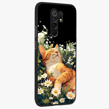 Blissful Bloom Cat Glass Case upright view showcasing charming cat design surrounded by blooming floral elements.